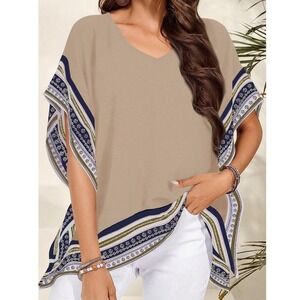 Falechay Poncho Top Womens XL Beige New Boho Geometric Border Print V-Neck